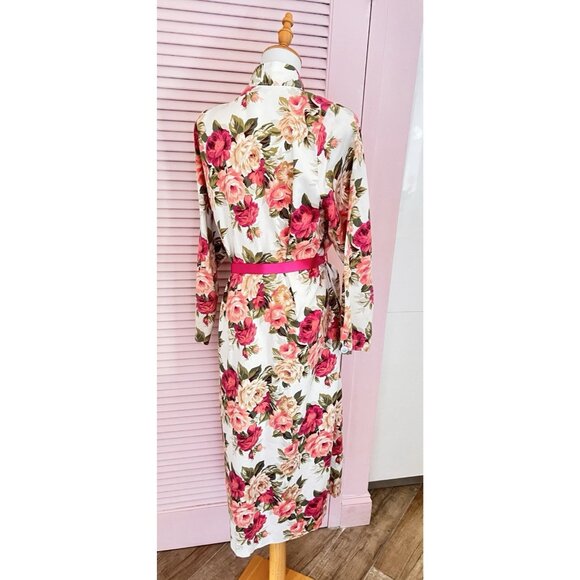 CHRISTIAN DIOR Robe Women's Size L Pink Roses VTG Made In USA for Neiman-Marcus - Picture 4 of 16